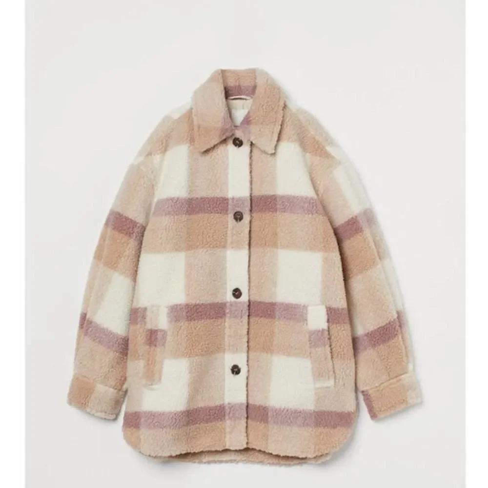 H&M Plaid Pastel Colors Faux Shearling Jacket Lined Warm - Picture 11 of 14